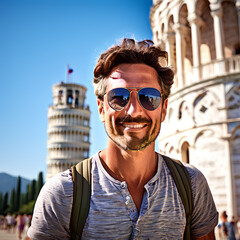 Tourist leans slightly toward the camera, sunglasses, Torre di Pisa stands_tall crookedly in the background, Italian sunlight dappling the scene, high resolution photography