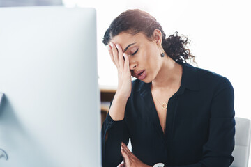 Businesswoman, computer and tired with headache pain or burnout fatigue with mental health, stress...