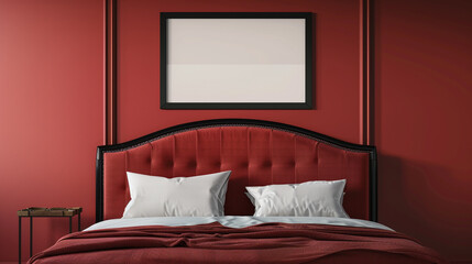 A bedroom wall mockup with a black frame above a red bed with a curved headboard design, complementing the red wall behind.