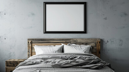 A bedroom wall mockup with a black frame above a gray bed with a rustic wooden headboard, blending with the gray wall.