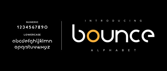 Obraz premium Bounce creative simple modern urban alphabet font. Digital abstract futuristic, logo, music, sport, minimal technology typography. Simple numeric vector illustration