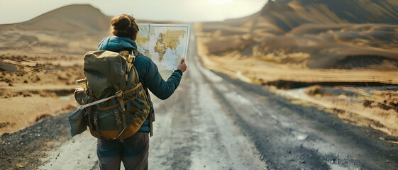 a backpacker holding map in the straight way