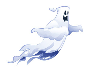 Cartoon night ghost flying. Halloween spooky mysterious ghost character. Vector illustration
