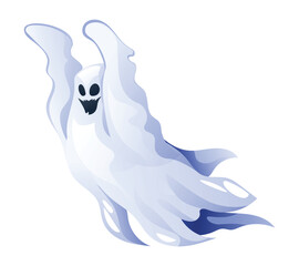 Flying ghost character. Halloween spooky night ghost. Vector cartoon illustration isolated on white background