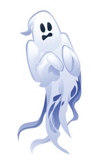 Funny scared ghost character. Halloween spooky mysterious ghost. Vector cartoon illustration isolated on white background