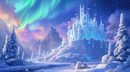 A majestic ice castle stands tall under the captivating aurora borealis, in a magical winter wonderland with a polar bear observing the scene. Resplendent.