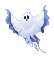 Cartoon night ghost character. Halloween spooky mysterious ghost. Vector illustration isolated on white background