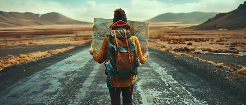 a backpacker holding map in the straight way