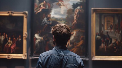 Rear view of a man looking at a painting in art gallery.