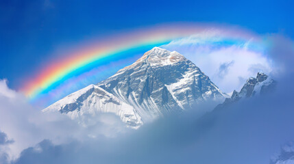 Mount Everest with a rainbow haloing the snow-capped peak, leaving room at the bottom for text