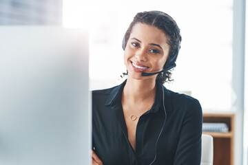 Woman, portrait and headset with computer for call centre telemarketing or technical support,...