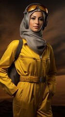 Naklejka premium Confident Muslim female pilot wearing a yellow jumpsuit and grey hijab with aviation goggles on her head.
