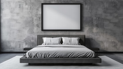 A bedroom wall mockup with a black frame above a gray platform bed with sleek, modern lines, against a gray wall.