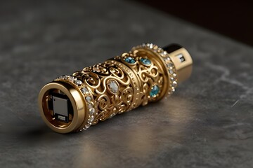 A luxurious USB stick fit for royalty, adorned with sparkling diamonds and intricate gold filigree on a textured surface that exudes opulence and sophistication