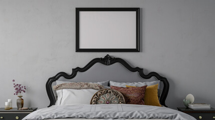 A bedroom wall mockup with a black frame above a gray bed with a decorative headboard, blending with the gray wall.