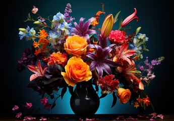 bouquet of colorful flowers in a dark scene, in the style of rich color palette, detailed, layered compositions,