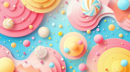 Colorful assortment of sweet confectionery displayed on a vibrant blue background, creating a delightful 3D art style scene
