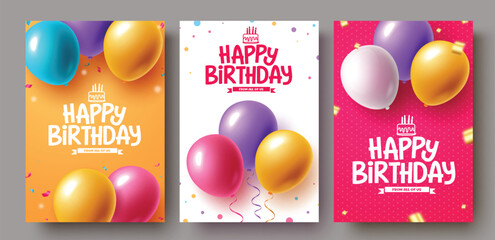Happy birthday vector poster set design. Birthday greeting text with balloons elements decoration for postcard lay out collection. Vector illustration birthday poster design. 
