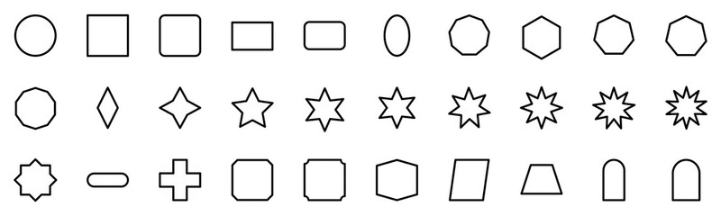Collection of Basic Shape Related Vector Line Icons. Contains Icons like Circle, Square, Round, Star and more. Editable stroke. 48x48 pixels