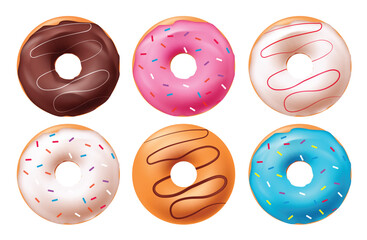 Birthday doughnut vector set design. Birthday donut cake desserts with chocolate cream, strawberry icing and sprinkles yummy food 3d realistic collection. Vector illustration doughnut cake design. 
