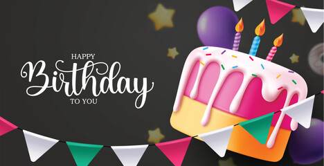 Happy birthday vector template design. Birthday greeting text with cake, candle, balloons and streamers decoration elements in black background. Vector illustration birthday greeting template.  
