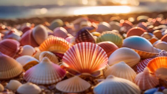 A close-up photograph capturing a collection of colorful seashells. The image showcases the intricate patterns and vibrant hues of the shells, highlighting their natural beauty. 