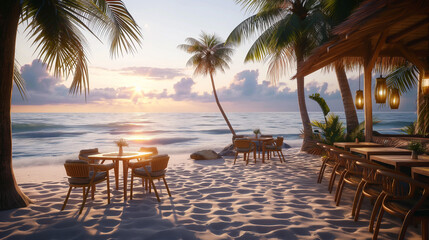 A cozy beachside café with tables on the sand, Tropical palm trees and ocean waves in the background