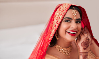 Indian woman, portrait and beauty for wedding with jewellery, style inspiration and makeup in home....