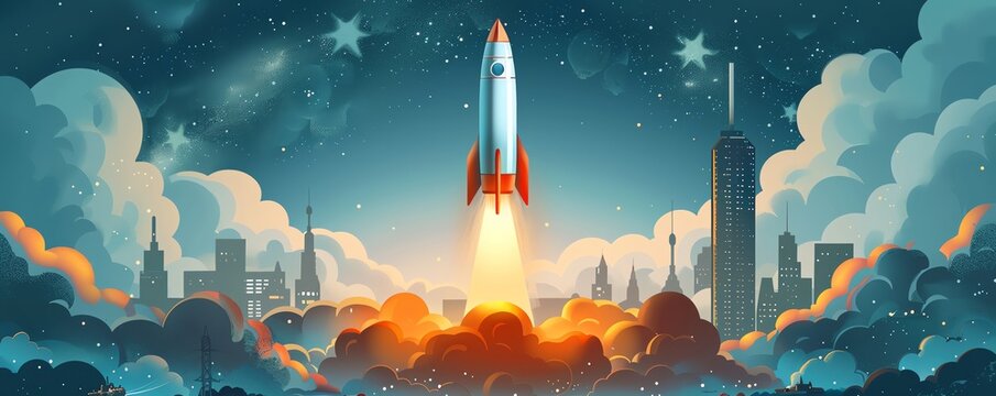 Data Rocket Launch A rocket labeled DataDriven Decisions blasts off from a launchpad labeled ERP System The background shows a cityscape representing business growth