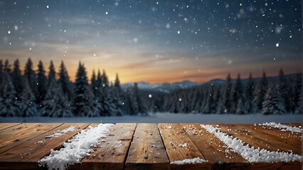 Empty wooden table in front of snowy christmas