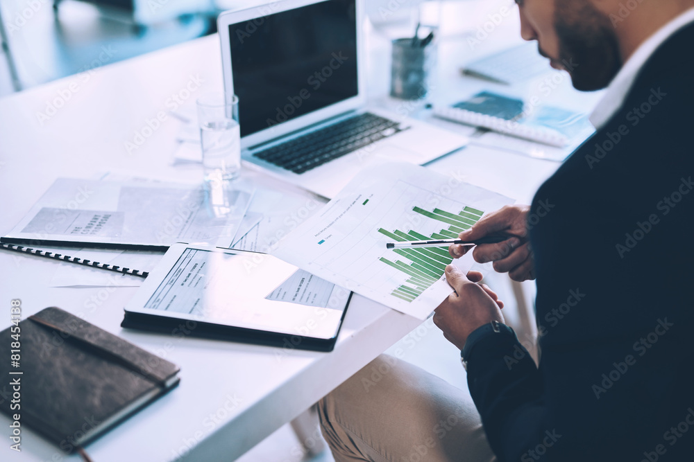 Poster laptop, tablet and man with paperwork for data analysis, research and stats for business growth. dig