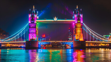 Obraz premium Tower Bridge in London with rainbow-colored lights illuminating the iconic structure, leaving room at the bottom for text