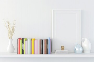 white shelf with books and vases, empty picture frame on the wall, white background, colorful books, modern style, interior design photography, hyper realistic