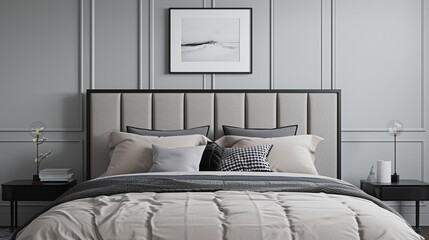 A bedroom wall mockup with a black frame above a gray bed with a panel headboard, harmonizing with the gray wall.