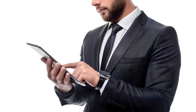 Handsome businessman using his tablet smart device labtop Vr Virtual Reality