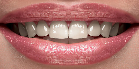 Obraz premium close up of eautiful female lips with white teeth, generative AI