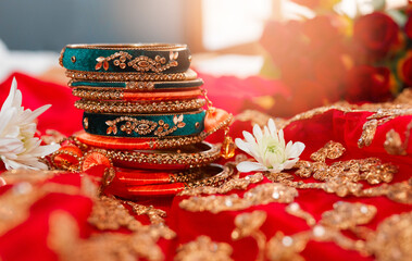 Indian, culture and jewelry for wedding, bangles and ornament for getting ready for celebration....