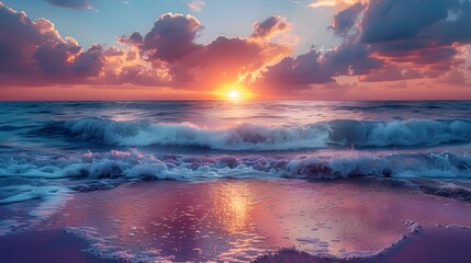 A beautiful sunset over the ocean, with waves crashing against the shore and vibrant colors in the sky.

