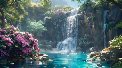 A beautiful waterfall cascades down the side of an enchanted garden, surrounded by vibrant flowers and lush greenery.
