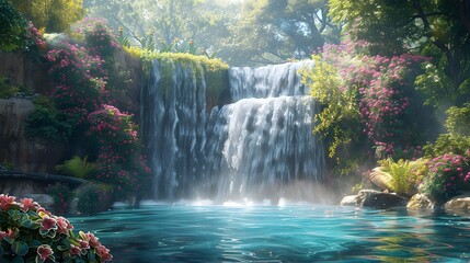 A beautiful waterfall cascades down the side of an enchanted garden, surrounded by vibrant flowers and lush greenery.
