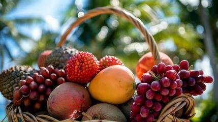 A colorful basket filled with assorted tropical fruits like mangoes, grapes, and exotic berries, set against a lush background.