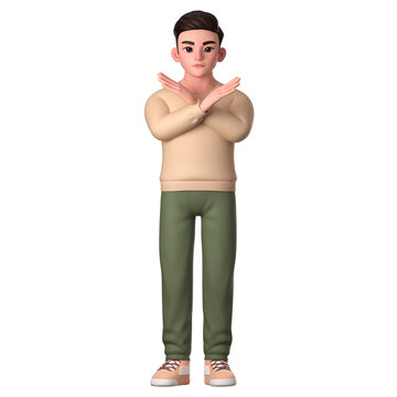Man character showing refusal gesture with crossed hands, 3D Character Illustration.