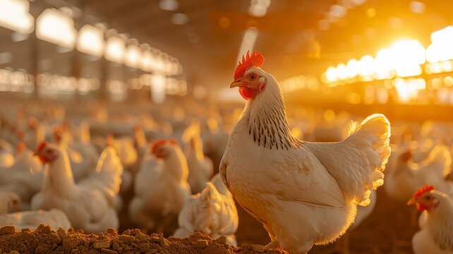 Poultry farm bustling with white chickens under yellow lights