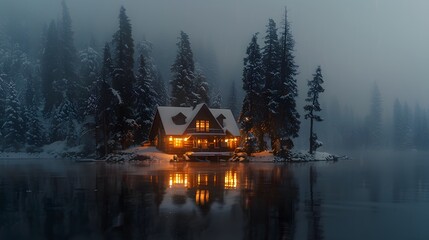 A cabin in the woods on an island surrounded by water, snow covered pine trees, foggy night, cabin lit up from inside.
