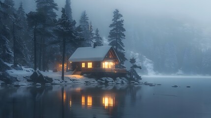 Obraz premium A cabin in the woods on an island surrounded by water, snow covered pine trees, foggy night, cabin lit up from inside. 