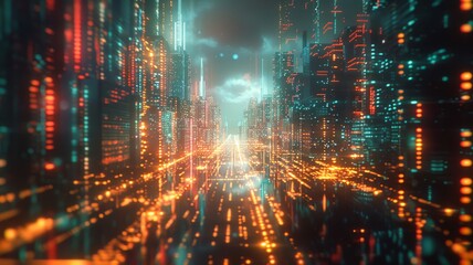 Naklejka premium Futuristic cityscape at night with glowing neon lights