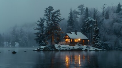 Fototapeta premium A cabin in the woods on an island surrounded by water, snow covered pine trees, foggy night, cabin lit up from inside. 