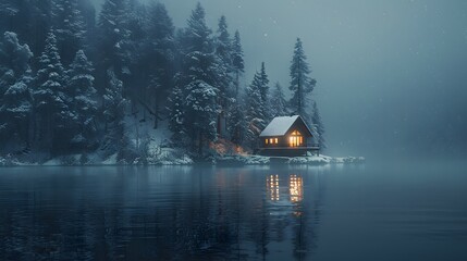 Fototapeta premium A cabin in the woods on an island surrounded by water, snow covered pine trees, foggy night, cabin lit up from inside. 