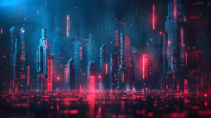 Obraz premium A cityscape made of glowing data points and bar graphs, symbolizing the beauty in numbers. 