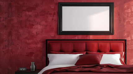 A bedroom wall mockup with a black frame above a red bed with an adjustable headboard, blending with the red wall.